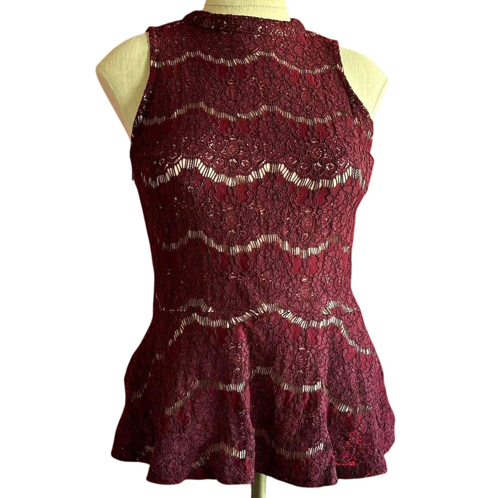 love, Fire Burgundy Lace Peplum Tank Top
